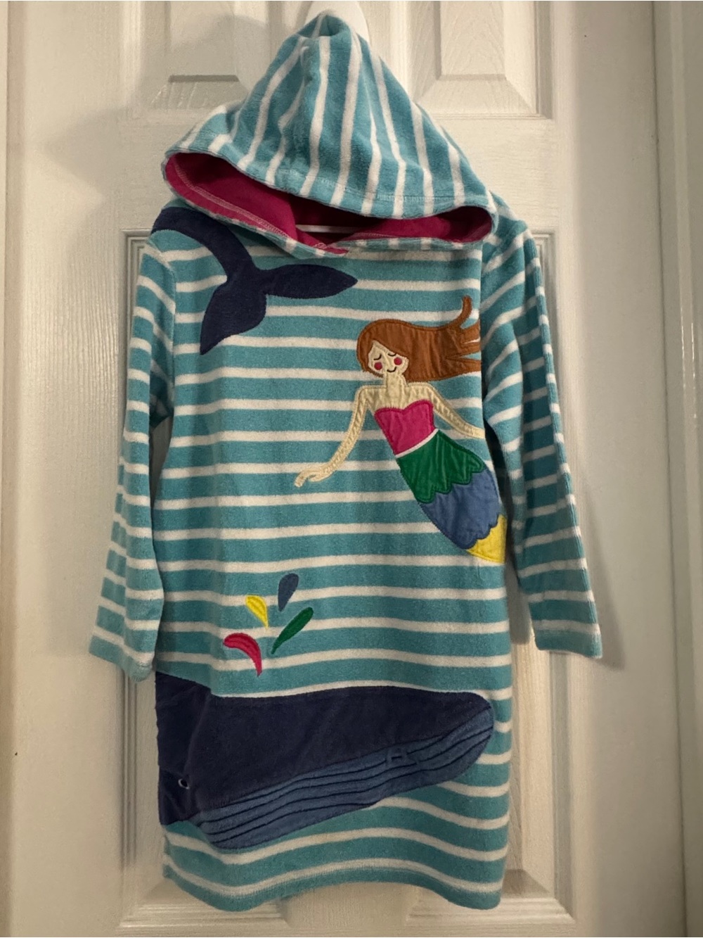 Mini Boden Girl Teal & White Striped Hood Mermaid Appliqué Terry Swim Coverup